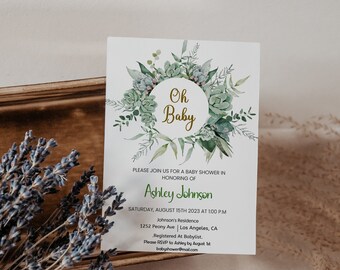 Greenery Baby Shower Invitation Template, Boho Floral (Digital Download)