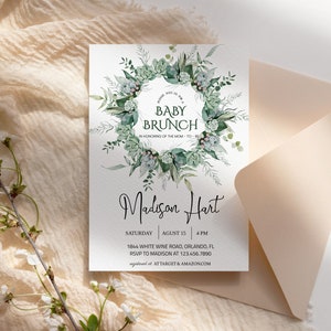 Greenery Baby Brunch Invitation Template, Baby Shower Brunch, Greenery Eucalyptus, Succulent, Editable Instant Download image 4