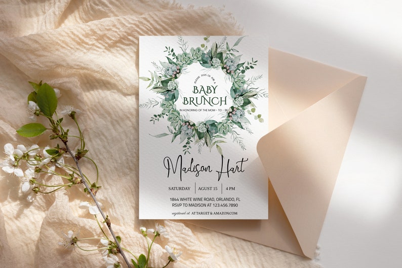 Greenery Baby Brunch Invitation Template, Baby Shower Brunch, Greenery Eucalyptus, Succulent, Editable Instant Download image 4