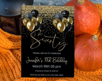 Black & Gold 70th Birthday Invitation, Elegant Adult Party (Digital)