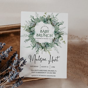 Greenery Baby Brunch Invitation Template, Baby Shower Brunch, Greenery Eucalyptus, Succulent, Editable Instant Download image 1