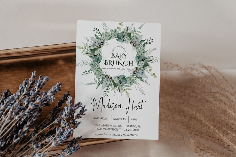 Greenery Baby Brunch Invitation Template, Baby Shower Brunch, Greenery Eucalyptus, Succulent, Editable Instant Download image 1