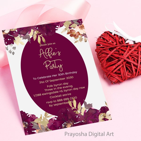 30th Birthday Invitation Template Floral Editable Birthday Pink  Printable Instant Download Editable Invite