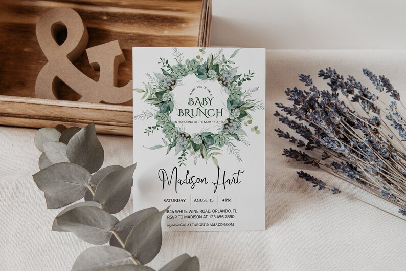 Greenery Baby Brunch Invitation Template, Baby Shower Brunch, Greenery Eucalyptus, Succulent, Editable Instant Download image 3