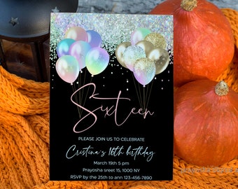 Sweet Sixteen Invitation, Sage Pink Gold Balloons, Editable Party Invite (Digital Download)
