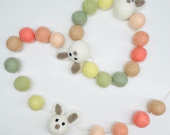 Easter Garland, Bunny, Felt Balls, Eco Decor, Sustainable, Reusable, Essential Oils, Adjustable, Nursery, Bedroom, Spring, Solids or Stripes