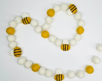 Bee Felt Balls Garland, Spring, Easter,  Decor Black Yellow Gold White,  6 ft Sustainable, Eco, Tiered Tray, Mantle, Bowl Decor