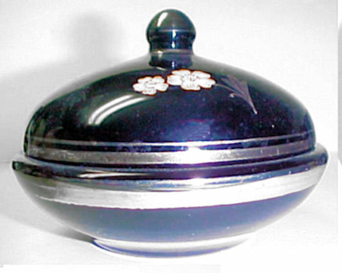 Black Glass Powder Box Trinket Jar Vanity Vintage Silver Etsy