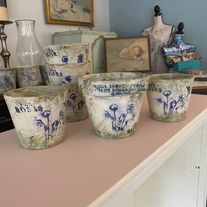 4.5x5”, 2 Ready to ship! Cabo Pot Highly FRENCH COUNTRY Hand Painted Stamped French TOILE 5 inch Terra Cotta Flower Pot!