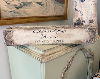 FRENCH COUNTRY GARDEN French Shabby Chic Wooden Box w Wooden Appliqués & Bronze or Rusted Iron Handles! 21x5x4