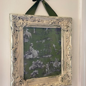 Painted French Country Shabby Ornate 12x14.5 Glass Framed Toile French Countryside in Lily Pad Green!