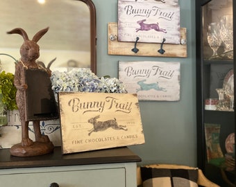 New Color Added! Shabby Chic Rustic Farmhouse Easter Bunny Trail Blue, Lavender, Brown or Black Choice Distressed Easter Sign!