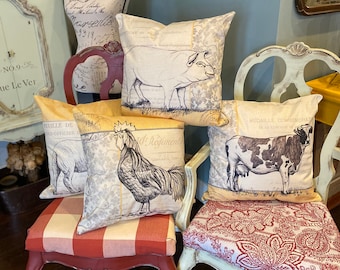 18x18 Rustic French Country Farmhouse Poultry Bag Rooster, Cow, Lamb & Pig Pillow Case Covers!