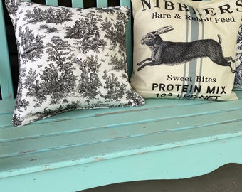 French Country Toile Pillow Cover, Black and White Cotton, Elegant Farmhouse Decor