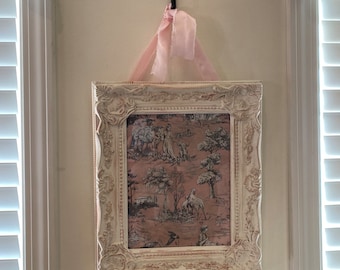 1 Ready to Ship! NEW! Pretty In Pink Toile Painted French Country Shabby Ornate 12x14.5 Glass Framed Toile Countryside w Silk Frayed Ribbon!