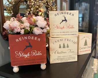 Rustic Farmhouse Country Riser 8x8.5 Reindeer Sleigh Rides Red Floral Christmas BOX!!