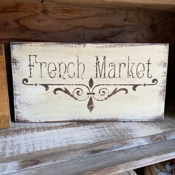 14x7.25 Vintage Advertising FRENCH Country, Shabby Chic Rustic Farmhouse FRENCH MARKET Wooden Wall Sign w Sawtooth Hanger!