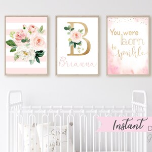 Blush Pink Floral Nursery Wall Decor for Baby Girl Nursery- Pink and Gold Printable Wall Art - Baby Room Name and Initial Wall Art Prints