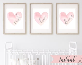 Printable Pink Nursery Wall Decor for Baby Girl Nursery - Blush Watercolor Girl Wall Decor Downloadable Prints -Pink Heart Dream Love Art