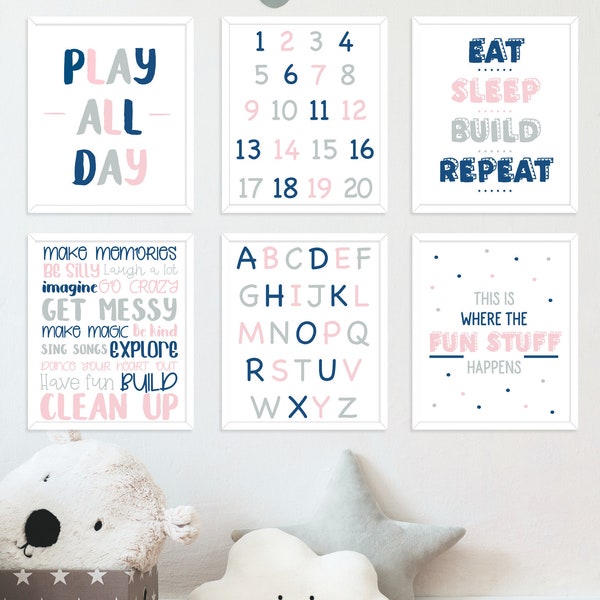 Navy Blue Pink Grey Printable Playroom Sign Wall Decor-Kids Room Downloadable Prints-Children's ABC 123 Play All Day- Playroom Rules