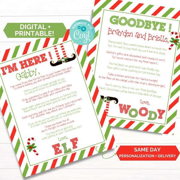 Printable Elf Arrival and Goodbye Letter -Christmas and Holiday Santa Fun Kids Activity -Elf Welcome Letter -Personalized Letter Last Minute
