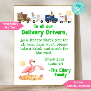 Señal de agradecimiento del conductor de entrega personalizado, refrigerio y bebida del conductor de entrega de verano, conductores de Amazon UPS Fed Ex USPS, tomar refrigerio