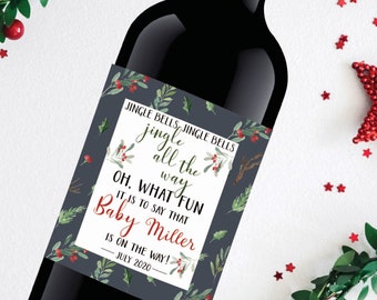 Druckbare Weihnachten Schwangerschaftsanzeige Weinflasche Label - Digital Holiday Baby Reveal - Geschenk für Eltern Familie Freunde Baby auf dem Weg