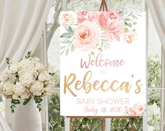 Blush Pink Baby Shower Welcome Sign Printable- Feminine Girl Baby Shower- Baby Shower Decor - Light Pink Floral and Rose Gold