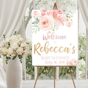 Blush Pink Baby Shower Welcome Sign Printable- Feminine Girl Baby Shower- Baby Shower Decor - Light Pink Floral and Rose Gold