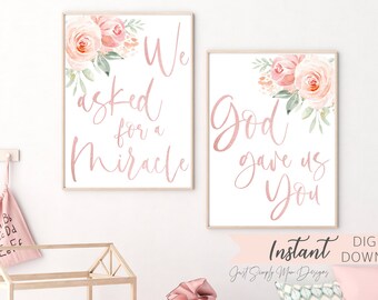 Printable Pink Nursery Wall Decor for Baby Girl Nursery - Blush Floral Baby Girl Wall Decor Downloadable Prints - God Miracle Quote Art