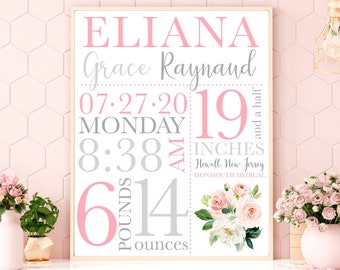 Pink Birth Stats Printable Nursery Decor Sign for Baby Girl- Light Pink, Dark pink, & Grey Wall Art- Name and Birth Details for Announcement