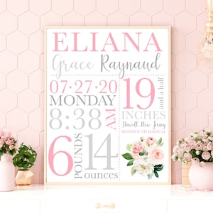 Pink Birth Stats Printable Nursery Decor Sign for Baby Girl- Light Pink, Dark pink, & Grey Wall Art- Name and Birth Details for Announcement