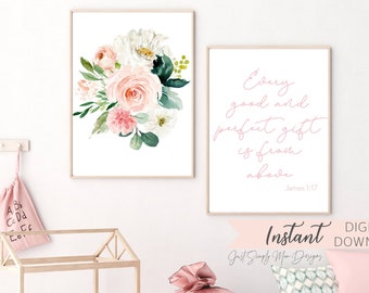 Blush Pink Floral Nursery Wall Decor for Baby Girl Nursery - Perfect Gift From Above - Bible Verse - Wall Art Printable Quote