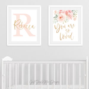 Printable Pink Nursery Wall Decor for Baby Girl Nursery - Blush Gold Floral Name and Initial Wall Decor Downloadable Prints -Loved Quote Art