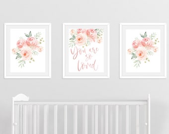 Printable Pink Nursery Wall Decor for Baby Girl Nursery - Blush Floral Baby Girl Wall Decor Downloadable Prints - You are so Loved Quote Art