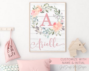 Printable Blush Pink Rustic Nursery Wall Decor for Baby Girl Nursery- Floral Wall Decor Downloadable Prints- Initial Name Wreath Wall Art