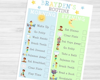 Toddler Boy Daily Routine Chart Checklist-Printable Morning & Bedtime Chart-Download Print-Blue and Green Motivation for Wake Up and Sleep