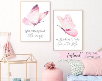 Butterfly Nursery Decor -Nursery Wall Decor for Baby Girl- Printable Butterfly Quotes Girls Wall Decor Pink -Playroom inspirational Wall Art