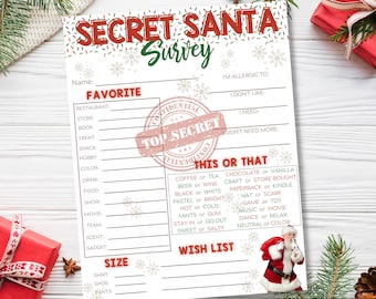Cuestionario secreto de Papá Noel imprimible para Navidad y diversión de Papá Noel durante las fiestas - Intercambio de regalos para compañeros de trabajo - PDF rellenable - Adultos y niños - Editable