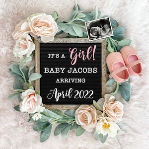 Girl Pregnancy Announcement for Social Media - Digital Letter Board for Gender Reveal or Baby Announcement - Customize & Personalize