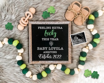 St. Patrick's Day Digital Pregnancy Announcement for Social Media Baby Reveal Expecting-Personalize- Flat Lay-Onesie Letter Board Baby