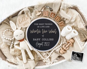 May include: A white wicker basket filled with baby items, including a crocheted bunny, wooden blocks spelling "BABY", a wooden rattle, a white blanket, a beaded garland, and a black and white ultrasound image. A sign reads "The best things in life are Worth the Wait", with the name "BABY COLLINS" and the date "August 2023".
