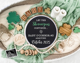 St. Patrick's Day Digital Pregnancy Announcement for Social Media-Baby Reveal -Lucky Charm - Flat Lay-Letter Board Baby - Shenanigans