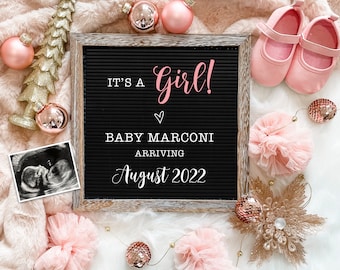 Girl Christmas Digital Pregnancy Announcement for Social Media -Gender Reveal - Expecting- Floral Letter Board Baby Announcement