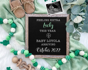 St. Patrick's Day Lucky Digital Pregnancy Announcement for Social Media Baby Reveal Expecting-Personalize- Flat Lay-Onesie Letter Board Baby