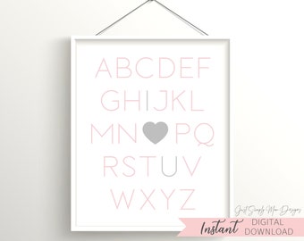 Printable Pink Nursery Wall Decor for Baby Girl Nursery - Blush Pink and Gray ABCs Downloadable Print Decor - Alphabet Girl Nursery Wall Art