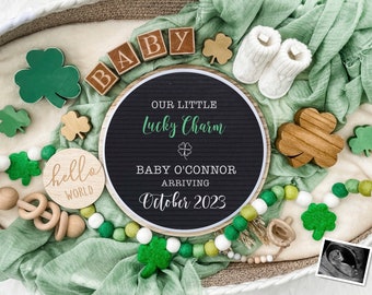 St. Patrick's Day Digital Pregnancy Announcement for Social Media-Baby Reveal -Lucky Charm - Flat Lay-Letter Board Baby - Shenanigans