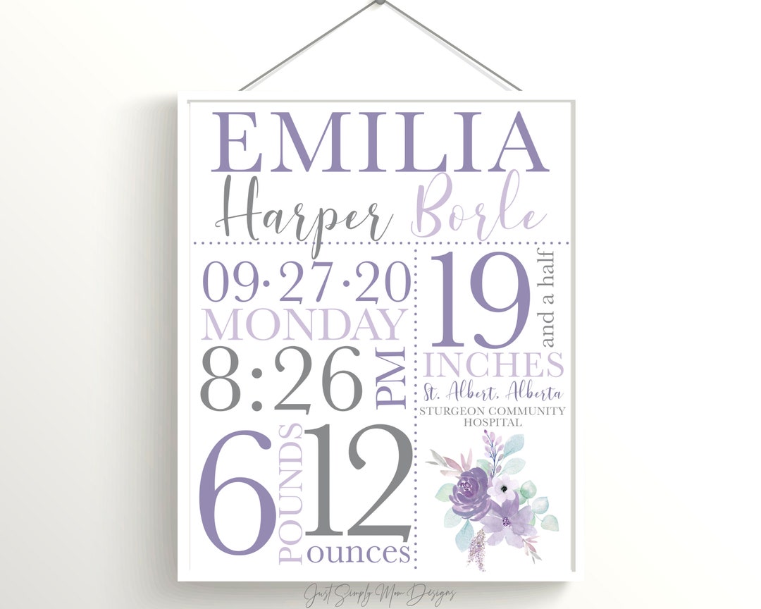 Purple Birth Stats Printable Nursery Decor Sign for Baby Girl Etsy