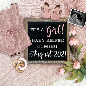 Girl Pregnancy Announcement for Social Media - Digital Letter Board for Gender Reveal or Baby Announcement - Customize & Personalize