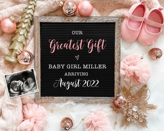 Girl Christmas Digital Pregnancy Announcement for Social Media -Gender Reveal - Expecting- Floral Letter Board Baby Announcement